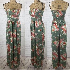 BAND OF GYPSIES | BOG Floral Green Floral Strapless Wide Leg Jumpsuit